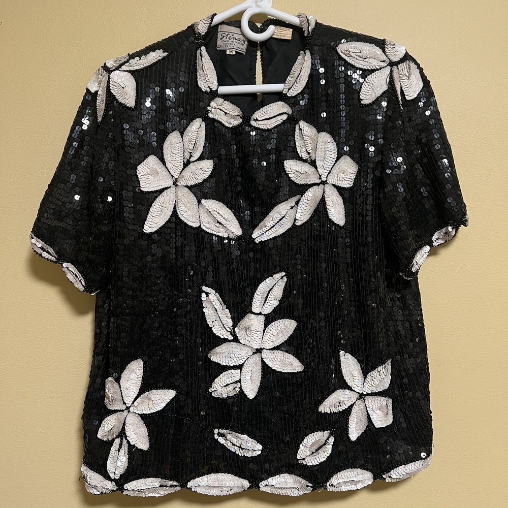 Vintage 80s Sténay Black & White Oversized Sequin Top Coastal Size Medium
